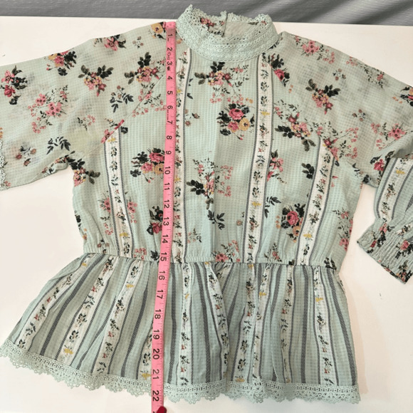 Anthropologie Hemant & Nandita Floral Lace Top Mock Neck Green XS Ballon Sleeve - Picture 4 of 10